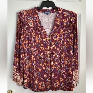 DEMOCRACY TOP PLUS SIZE 1XFLORAL PLACEMENT PRINT LONG SLEEVE RUFFLE KNIT SOFT P2